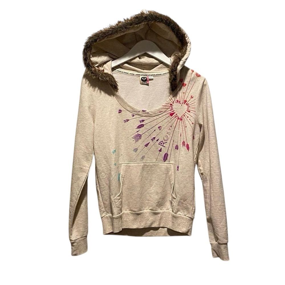 Roxy Sweatshirt Pullover faux fur hood Size Small beachy surfer casual winter